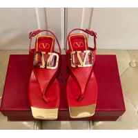 Luxury Cheap Valentino VLogo Calf Leather Flat Thong Sandals Red 030183