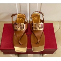 Luxury Valentino VLogo Calf Leather Flat Thong Sandals Brown 030184