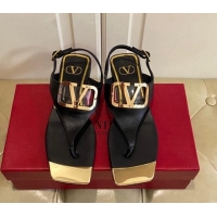 Perfect Valentino VLogo Calf Leather Flat Thong Sandals Black 030187