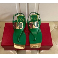 Classic Hot Valentino VLogo Calf Leather Flat Thong Sandals Green 030189