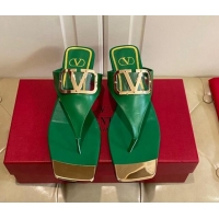 Good Looking Valentino VLogo Leather Flat Thong Slide Sandals Green 030192