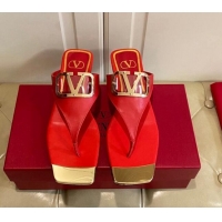 Pretty Style Valentino VLogo Leather Flat Thong Slide Sandals Red 030193