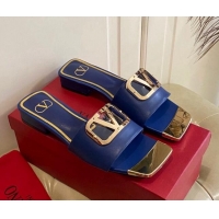 Shop Duplicate Valentino VLogo Leather and metal Slide Sandals Blue 030199