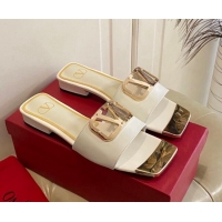 Top Design Valentino VLogo Leather and metal Slide Sandals White 301101