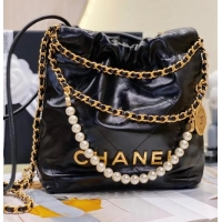 Grade Discount Chanel 22 Shiny Crumpled Calfskin Mini Handbag with Pearls and Chain AS3980 Black 2023