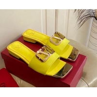 Cheap Price Valentino VLogo Leather and metal Slide Sandals Yellow 301105