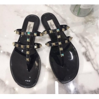 Top Design Valentino Rockstud PVC Flat Thong Sandals 0301106 Black