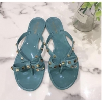 Trendy Design Valentino Rockstud PVC Flat Thong Sandals with Bow 301107 Blue