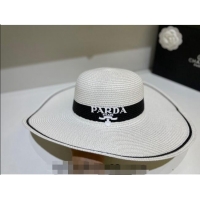 Super Quality Prada Wide Brim Straw Hat P021607 White 2023