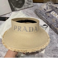 Reasonable Price Prada Visor Straw Hat with Crystal Logo P0307 Beige 2023