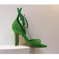 Luxurious Valentino Tan-Go Heel Sandal 9.5cm with Crystal in Suede Green 0323063