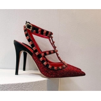 Trendy Design Valentino Rockstu Ankle Strap Heel Pumps 9.5cm with Crystals Red/Black 0323068