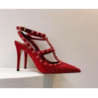 Charming Valentino Rockstu Ankle Strap Heel Pumps 9.5cm with Crystals Dark Red 0323072