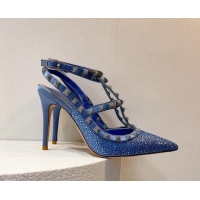 Best Price Valentino Rockstu Ankle Strap Heel Pumps 9.5cm with Crystals Light Blue 0323077