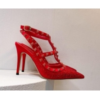 Top Grade Valentino Rockstu Ankle Strap Heel Pumps 9.5cm with Crystals Bright Red 0323078