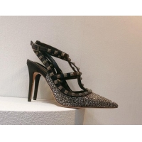 Most Popular Valentino Rockstu Ankle Strap Heel Pumps 9.5cm with Crystals Black 0323080