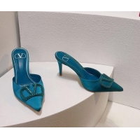 Popular Style Valentino Crystal Rockstud Heel Mules 8cm in Satin Peacock Blue 0323084