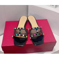 Good Looking Valentino Rockstud Flat Slide Sandals in Patent Leather and mesh Black/Multicolor 323091