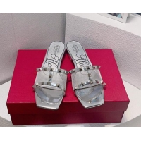 Good Quality Valentino Rockstud Flat Slide Sandals in Patent Leather and mesh Silver 0323094