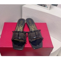 Grade Quality Valentino Rockstud Flat Slide Sandals in Patent Leather and mesh Black 0323097