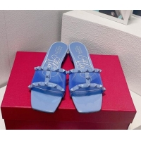 Best Product Valentino Rockstud Flat Slide Sandals in Patent Leather and mesh Light Blue 323099