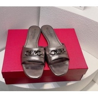 Stylish Valentino Vlogo Chain Leather Flat Slide Sandals Grey 0323106