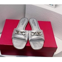 Good Product Valentino Vlogo Chain Leather Flat Slide Sandals Silver 0323107