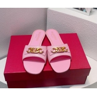 Best Grade Valentino Vlogo Chain Leather Flat Slide Sandals Light Pink 0323110