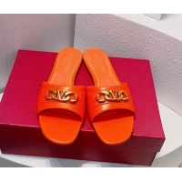 Grade Quality Valentino Vlogo Chain Leather Flat Slide Sandals Orange 0323111