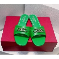 Best Product Valentino Vlogo Chain Leather Flat Slide Sandals Green 323114