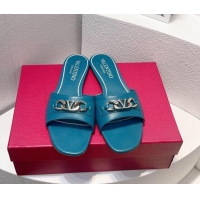 Good Quality Valentino Vlogo Chain Leather Flat Slide Sandals Blue 323115