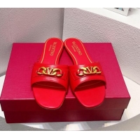 Purchase Valentino Vlogo Chain Leather Flat Slide Sandals Red 323116