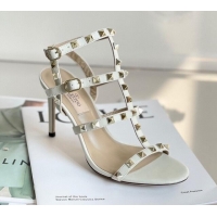 Sumptuous Valentino Rockstud Calfskin Ankle Strap Heel Sandals 8cm White 0323142