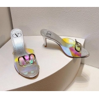 Best Product Valentino VLogo PVC Heel Slide Sandals 8cm Silver/Iridescent 324004