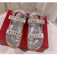 Perfect Valentino Rockstud Flat Sandals in Nappa Leather Silver 324021