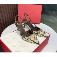 Hot Style Valentino VLogo Signature Slingback Pumps 8cm in Toile Iconographe Fabric Beige/Black/Brown 330023