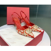 Unique Style Valentino VLogo Signature Slingback Pumps 8cm in Toile Iconographe Fabric Beige/Red 330024