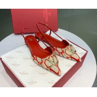 Top Design Valentino VLogo Signature Slingback Flat in Toile Iconographe Fabric Beige/Red 330026