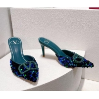 Top Grade Valentino Crystal VLogo Mules 8cm in Shiny Sequins Blue/Green 330028