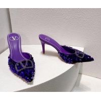 Duplicate Valentino Crystal VLogo Mules 8cm in Shiny Sequins Purple 330029