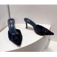 Best Price Valentino Crystal VLogo Mules 8cm in Shiny Sequins Royal Blue 330031