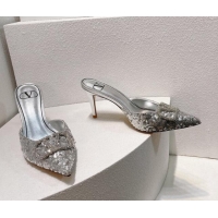 Sumptuous Valentino Crystal VLogo Mules 8cm in Shiny Sequins Silver 330034