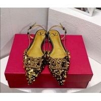 Popular Style Valentino Crystal VLogo Slingbacks Flat in Shiny Sequins Black/Gold 330039