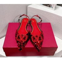 Good Looking Valentino Crystal VLogo Slingbacks Flat in Shiny Sequins Red/Black 330040