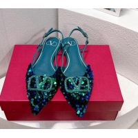 Most Popular Valentino Crystal VLogo Slingbacks Flat in Shiny Sequins Blue/Green 330041