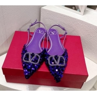 Good Product Valentino Crystal VLogo Slingbacks Flat in Shiny Sequins Purple 330042