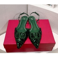 Durable Valentino Crystal VLogo Slingbacks Flat in Shiny Sequins Green 330043