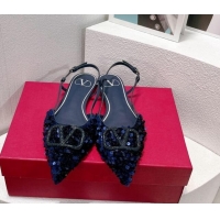 Luxurious Valentino Crystal VLogo Slingbacks Flat in Shiny Sequins Royal Blue 330044