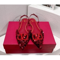 Discount Valentino Crystal VLogo Slingbacks Flat in Shiny Sequins Dark Red 330045