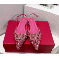 Low Price Valentino Crystal VLogo Slingbacks Flat in Shiny Sequins Light Pink 330046